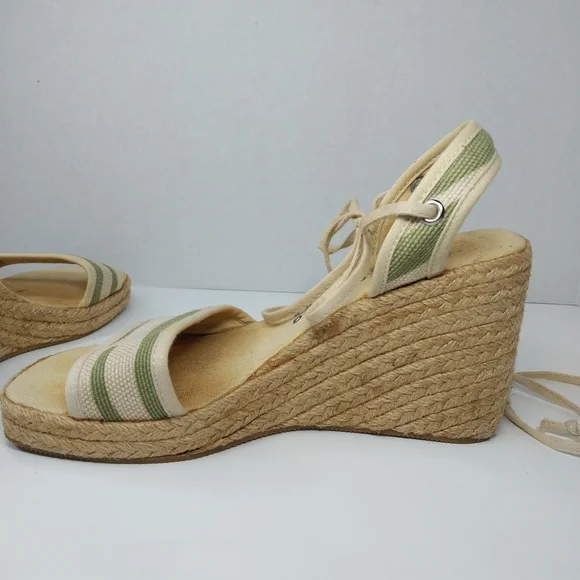 Carolina Colours Size 7 Tan Green Espadrille Wedge Y2K Tie Ankles Sandals Shoes - Picture 9 of 12
